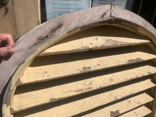 Detail of original round top gable vent with wire mesh and louvres, 1340 H x 910 W x 150 D (D146) $645