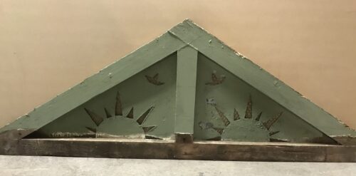 Gable vents with sunshine motif cut in galvanised sheet with wire, vintage handmade, 2 available, 2100mm x 620mm. $145 each