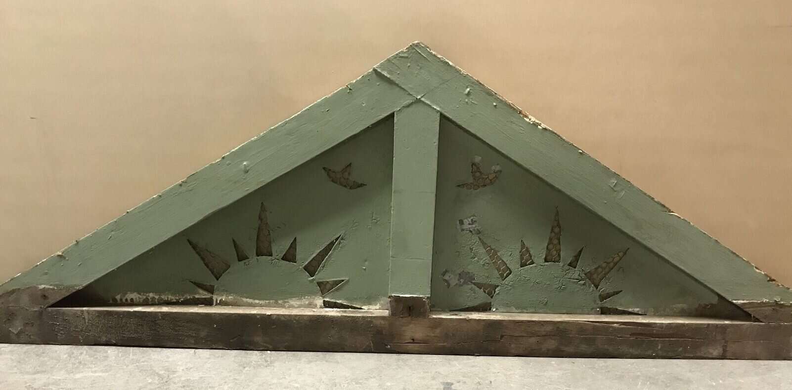 Gable vents with sunshine motif cut in galvanised sheet with wire, vintage handmade, 2 available, 2100mm x 620mm. $145 each