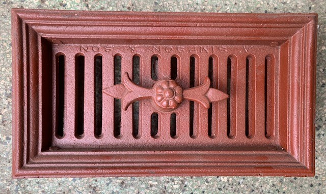 Top view of original A. Simpson and Son wall vent, cast iron, 275 x 150 x 85mm,