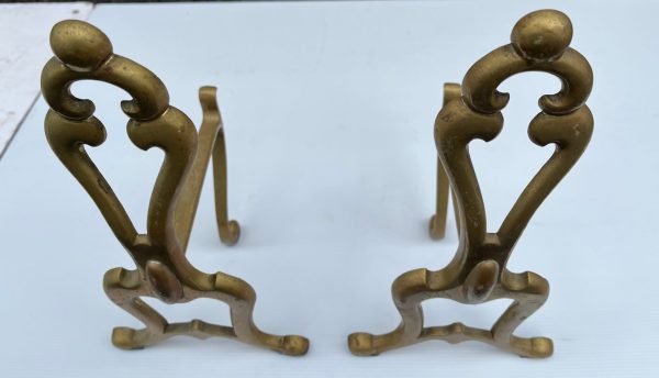 Decorative solid brass fireplace fire dogs, 32cm H x 17cm D (F326) $45 pair