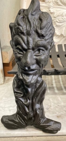 Detail of heavy cast iron cradle grate with grotesque face fire dogs, full of mischief, grate is H 180 x D 335 x W 600mm, fire dogs are 360 H (F184RR) $545