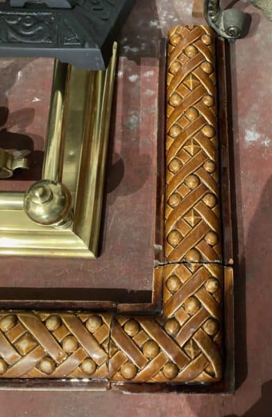Detail of original English pottery fire curb, light brown glaze, size adjustable, interior dimensions 1225 x 375, exterior dimensions 1425 x 490 (F196) $485