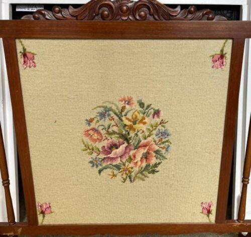 Detail of tapestry and polished timber fireplace screen, 92cm W x 80cm H (S212RR) $220