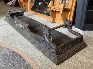 Dragon or serpent solid cast iron and brass fireplace fender, W 1285 x D 345 x H 215 (F336) $445 fire curb kerb vintage salvaged 1800s 1900 1910 1920 1930 1940 1950 recycled demolition reproduction, restoration, renovation secondhand, used , original,old,reclaimed,heritage,antique, victorian,art nouveau edwardian, georgian,art deco