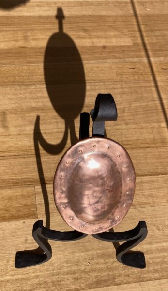 Early copper and wrought iron fire dog for resting fireplace tools, 41cm H x 27cm L (H150) $45
