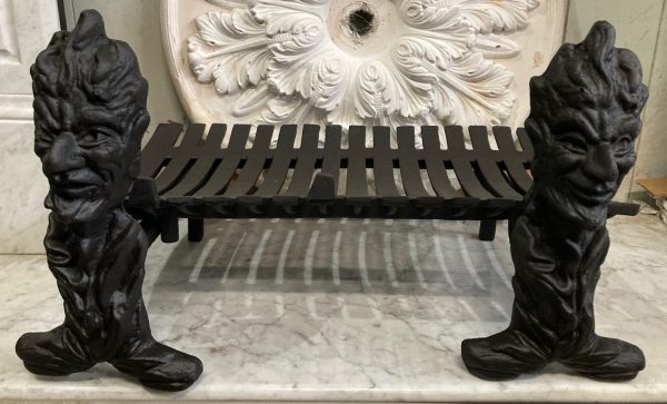 Heavy cast iron cradle grate with grotesque face fire dogs, full of mischief, grate is H 180 x D 335 x W 600mm, fire dogs are 360 H (F184RR) $545