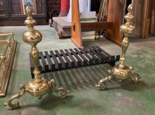 Original heavy, solid brass fire dogs with cast iron fireplace log grate, each fire dog is 550 H x 370 W, grate is 610 W x 365 D (F194) $645
