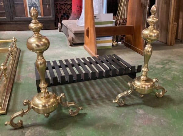 Original heavy, solid brass fire dogs with cast iron fireplace log grate, each fire dog is 550 H x 370 W, grate is 610 W x 365 D (F194) $645