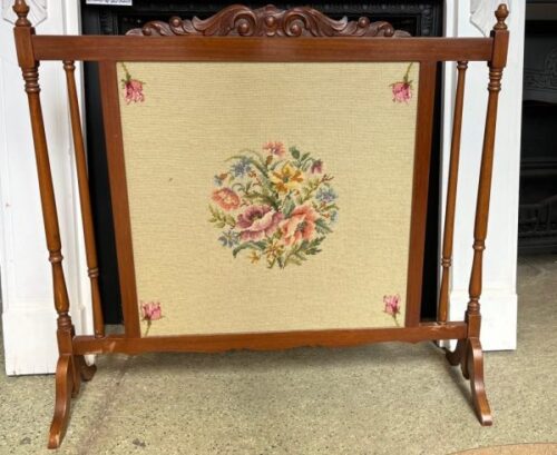 Tapestry and polished timber fireplace screen, 92cm W x 80cm H (S212RR) $220
