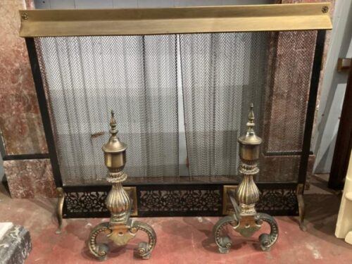 Unusual 'chain-mail' curtain fire screen and fire dogs, 970 wide x 800 high (RR220) $345