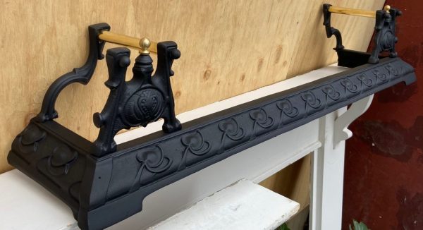 View #2 of original Arts & Crafts brass and cast iron fender, 1160 W x 250 H x 240 D (F314) $345