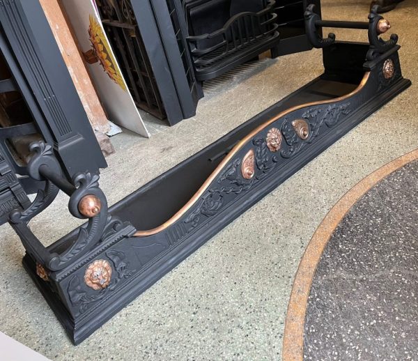 View #2 of original cast iron fender with copper and lion detail, 1250 W x 330 D x 340 H (F324) $545