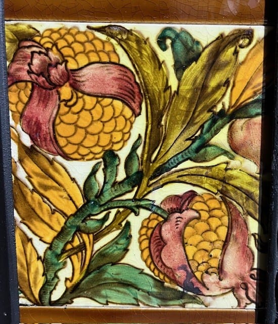 Original Victorian fireplace insert, fully restored cast iron. Late 1800s, unusual fine casting with original summer dress cover. Completed with stunning, rare hand painted feature tiles with pomegranates and foliage. Rich colours, and strong brushwork on the bold Aesthetic Period design. Possibly by Craven Dunnill / Godwin & Hewitt, UK. Selling as a complete set with the fireplace and original cast iron dress cover. H 965 x W 965mm - Image 6