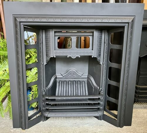 Victorian original cast iron fire insert with tiled hood, model #18 circa 1880/1890, very high quality casting, fully restored by Feds, 965 x 965mm