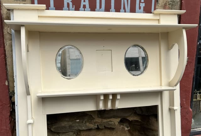 Original double shelf timber fireplace mantel with two oval bevelled mirror inserts - Image 2