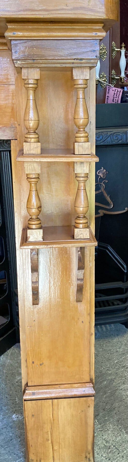 Original Edwardian polished Baltic pine fire surround with turnings - Image 2