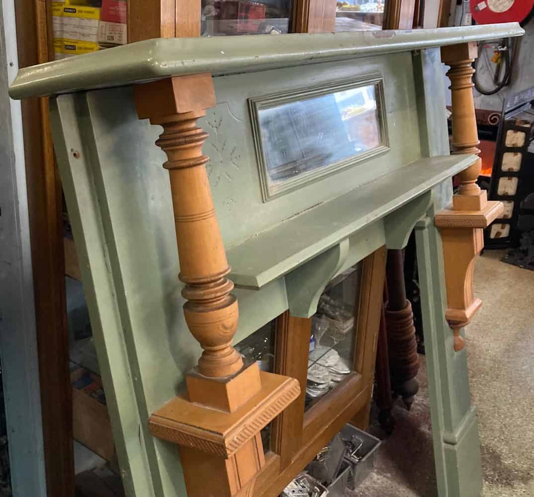 Painted and raw timber double shelf mantelpiece with bevelled mirror - Image 2